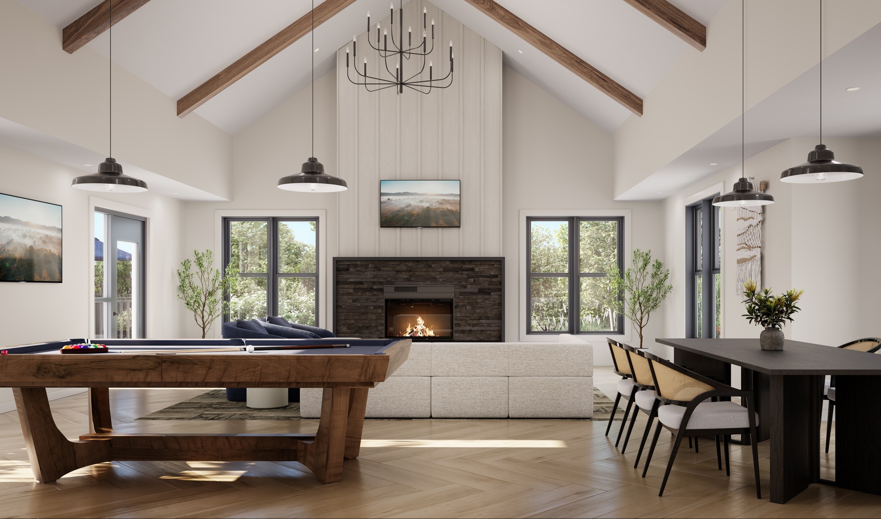 a clubhouse room with a couch, tables, chairs and a fire place